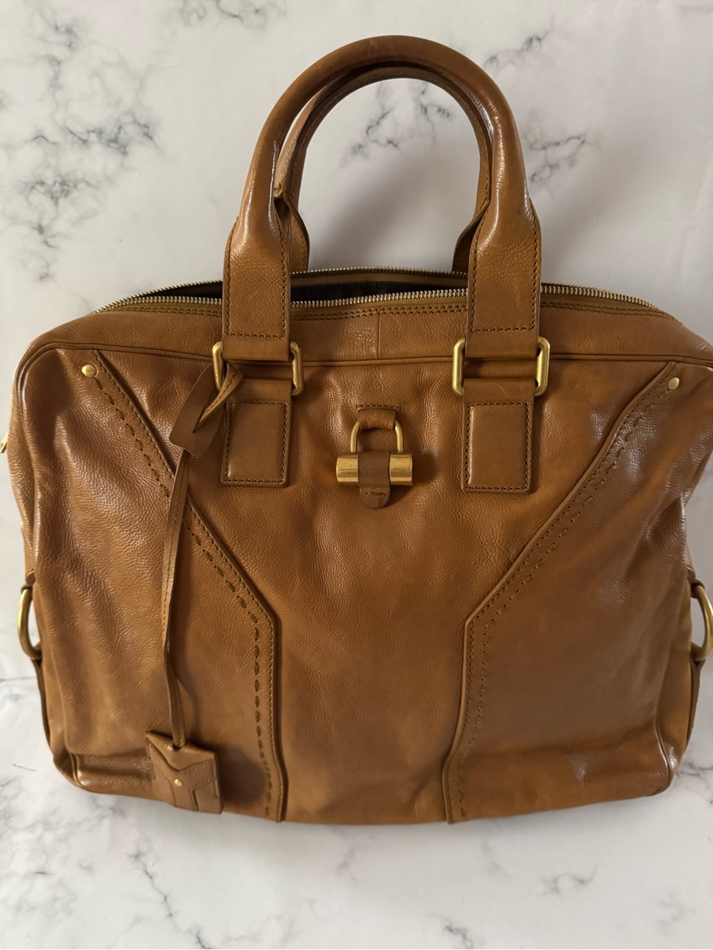 Yves Saint Laurent unisex MUSE style Camel Leather Briefcase 14x11”